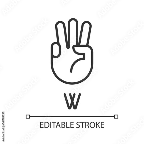 Letter W in American sign language pixel perfect linear icon. Nonverbal communication. Gestures system. Thin line illustration. Contour symbol. Vector outline drawing. Editable stroke. Arial font used
