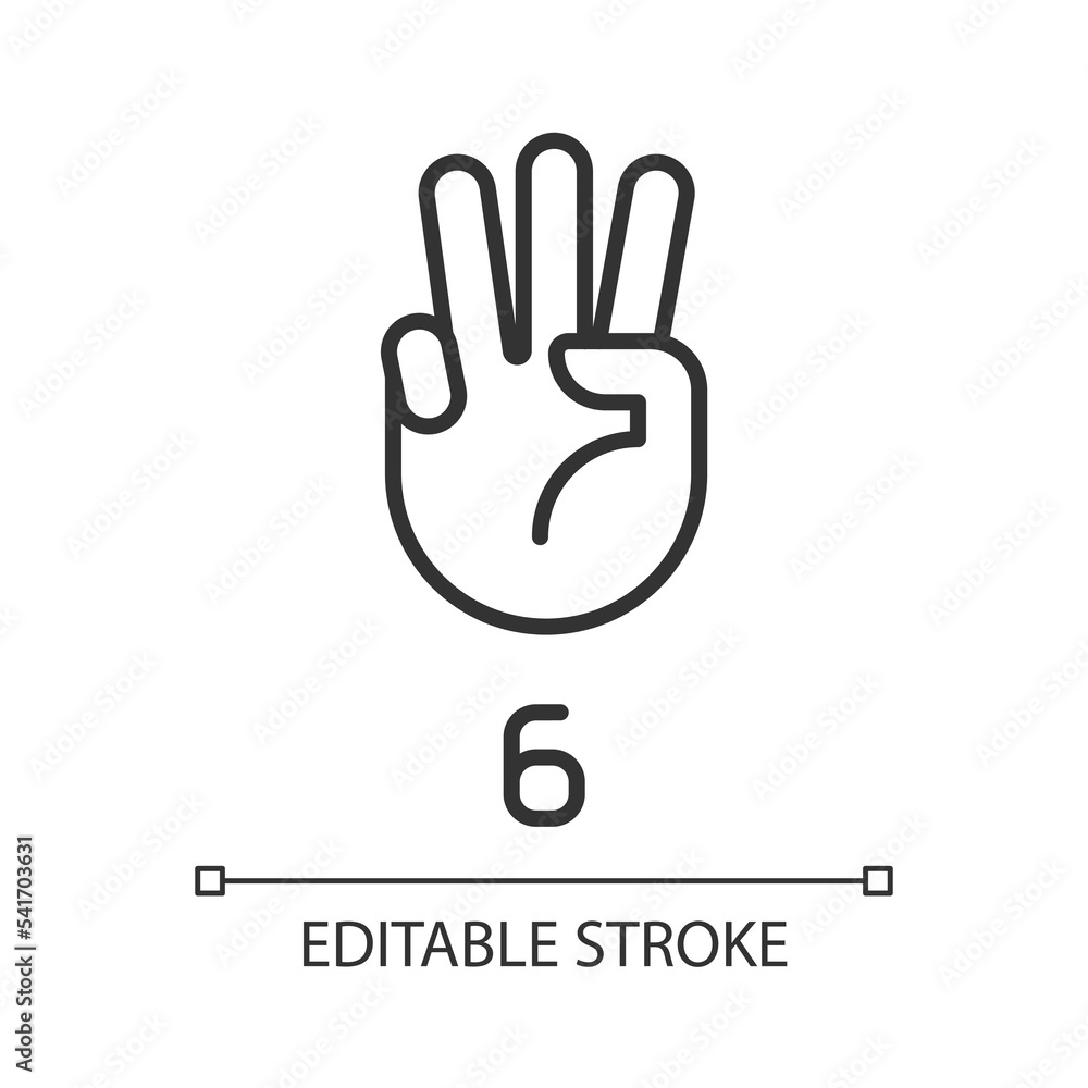Digit six in American sign language pixel perfect linear icon. Visual modality for count. Thin line illustration. Contour symbol. Vector outline drawing. Editable stroke. Arial font used Digit six in American sign language pixel perfect linear icon. Visual modality for count. Thin line illustration. Contour symbol. Vector outline drawing. Editable stroke. Arial font used