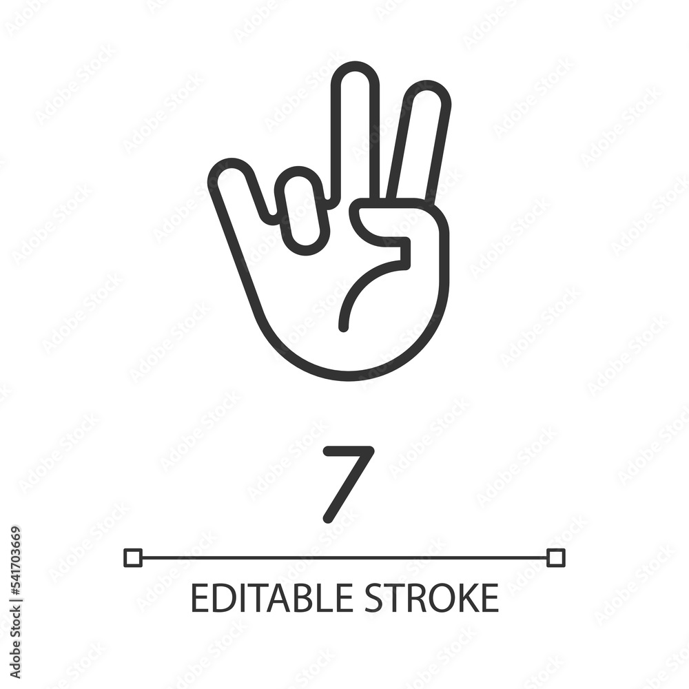 Digit seven sign in ASL pixel perfect linear icon. Number visual modality. Communication way. Thin line illustration. Contour symbol. Vector outline drawing. Editable stroke. Arial font used Digit seven sign in ASL pixel perfect linear icon. Number visual modality. Communication way. Thin line illustration. Contour symbol. Vector outline drawing. Editable stroke. Arial font used