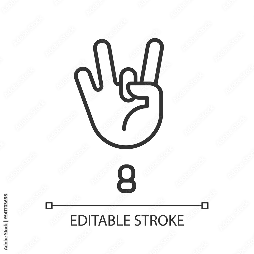 Digit eight sign in ASL pixel perfect linear icon. Gesture language. Nonverbal communication. Thin line illustration. Contour symbol. Vector outline drawing. Editable stroke. Arial font used Digit eight sign in ASL pixel perfect linear icon. Gesture language. Nonverbal communication. Thin line illustration. Contour symbol. Vector outline drawing. Editable stroke. Arial font used