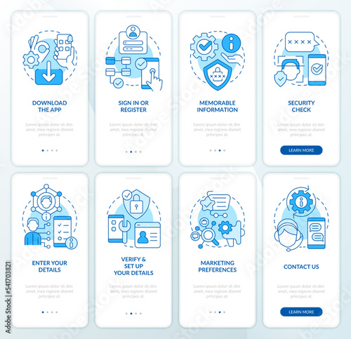 Online banking blue onboarding mobile app screen set. Registration walkthrough 4 steps editable graphic instructions with linear concepts. UI, UX, GUI template. Myriad Pro-Bold, Regular fonts used