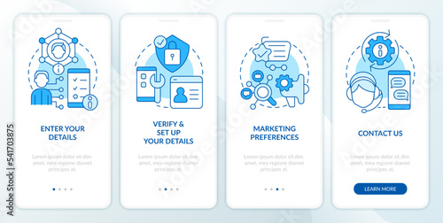 Internet banking registration guide blue onboarding mobile app screen. Walkthrough 4 steps editable graphic instructions with linear concepts. UI, UX, GUI template. Myriad Pro-Bold, Regular fonts used
