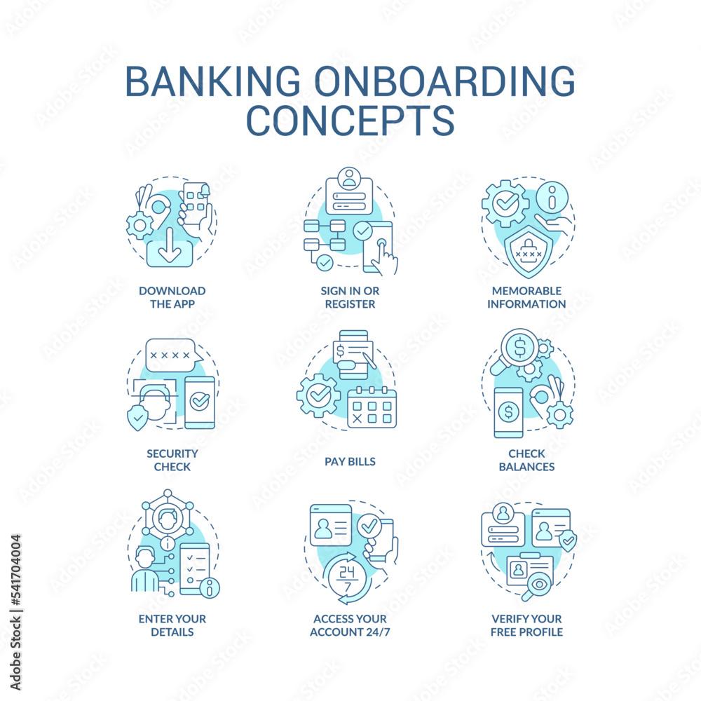 Banking onboarding journey turquoise concept icons set. Web wallet. Account opening idea thin line color illustrations. Isolated symbols. Editable stroke. Roboto-Medium, Myriad Pro-Bold fonts used