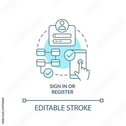 Sign in and register turquoise concept icon. Web wallet. Mobile banking app usage abstract idea thin line illustration. Isolated outline drawing. Editable stroke. Arial, Myriad Pro-Bold fonts used