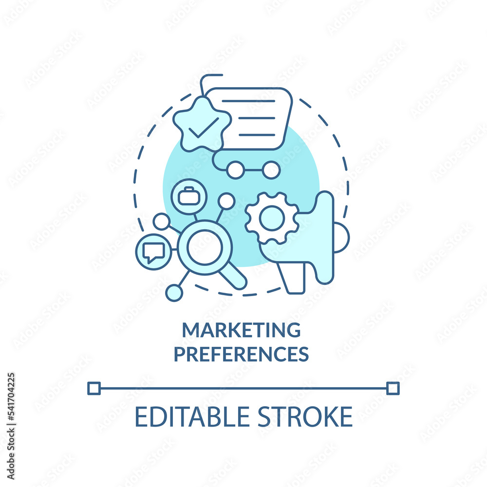 Marketing preferences turquoise concept icon. Online service. App registration abstract idea thin line illustration. Isolated outline drawing. Editable stroke. Arial, Myriad Pro-Bold fonts used Marketing preferences turquoise concept icon. Online service. App registration abstract idea thin line illustration. Isolated outline drawing. Editable stroke. Arial, Myriad Pro-Bold fonts used