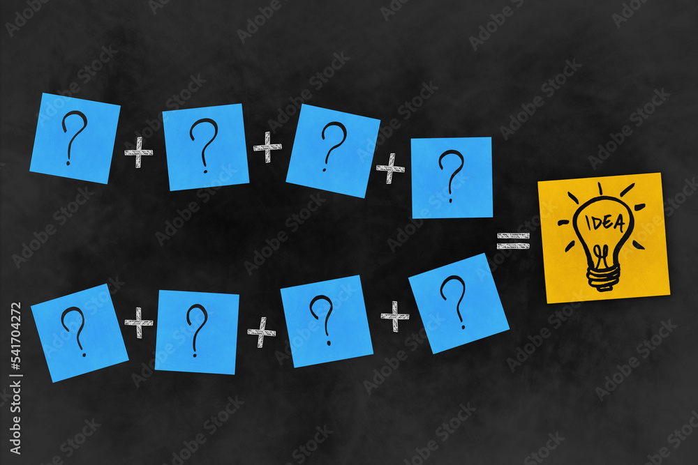 Many Questions combined helps finding solutions and great ideas. Sticky notes with drawn doodles. Question marks and lightbulb Many Questions combined helps finding solutions and great ideas. Sticky notes with drawn doodles. Question marks and lightbulb