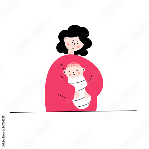 A happy mother holds her newborn baby in her arms. Flat and illustration