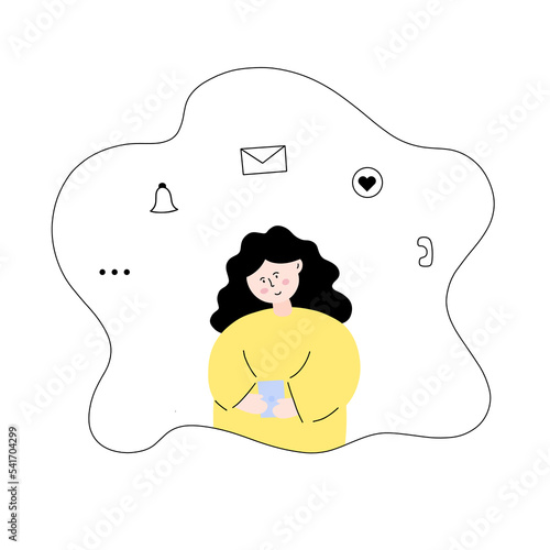 The girl holds the phone in her hands and checks the messages. Vector illustration
