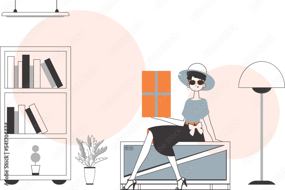 The woman is holding a parcel. The concept of the delivery of goods and parcels. Linear style.