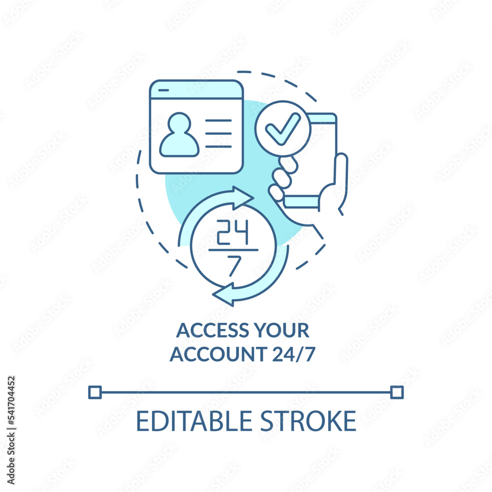 Around the clock account access turquoise concept icon. Mobile banking benefit abstract idea thin line illustration. Isolated outline drawing. Editable stroke. Arial, Myriad Pro-Bold fonts used Around the clock account access turquoise concept icon. Mobile banking benefit abstract idea thin line illustration. Isolated outline drawing. Editable stroke. Arial, Myriad Pro-Bold fonts used