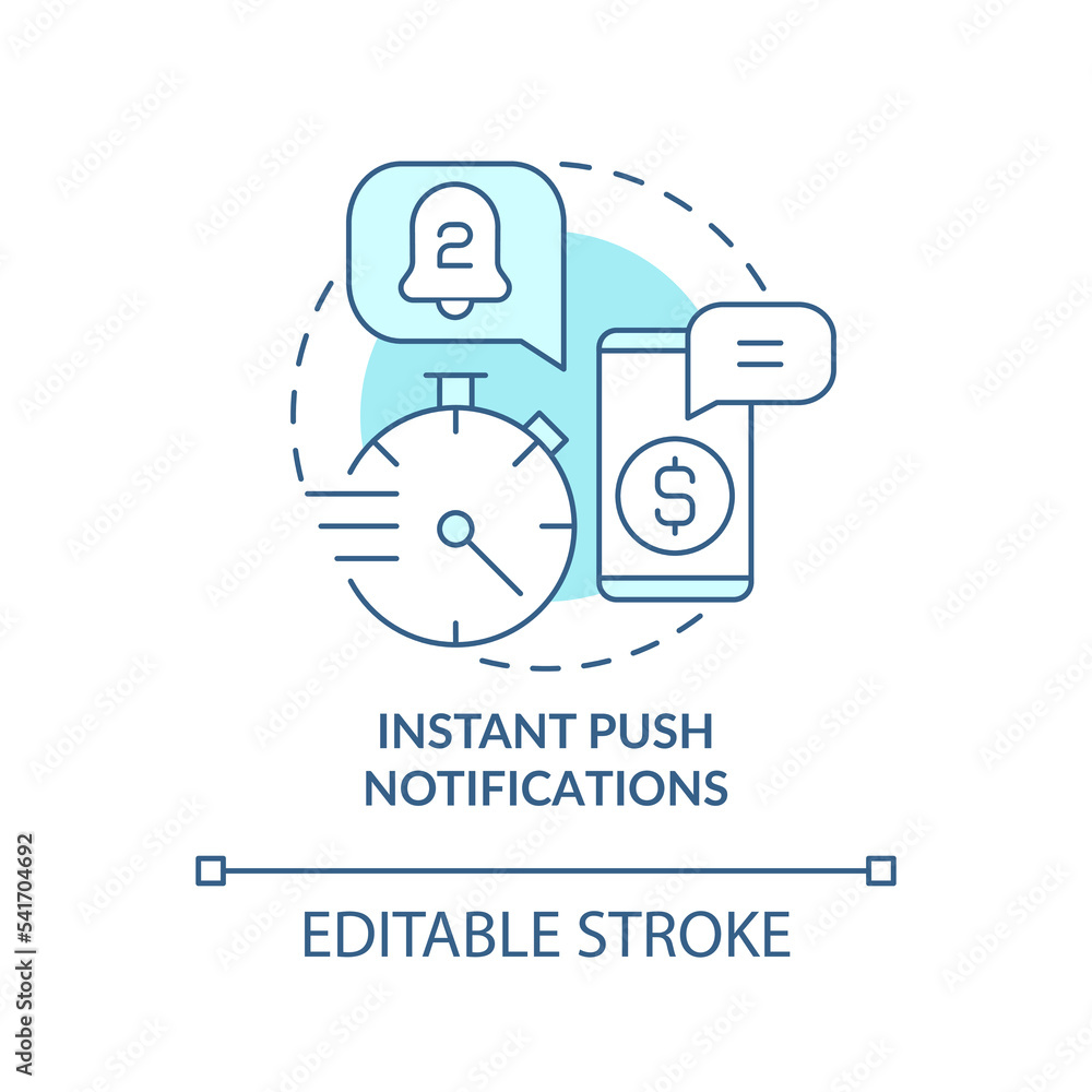 Instant push notifications turquoise concept icon. Web wallet. Mobile banking safety abstract idea thin line illustration. Isolated outline drawing. Editable stroke. Arial, Myriad Pro-Bold fonts used Instant push notifications turquoise concept icon. Web wallet. Mobile banking safety abstract idea thin line illustration. Isolated outline drawing. Editable stroke. Arial, Myriad Pro-Bold fonts used