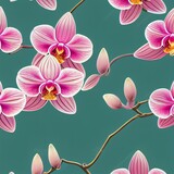 Beautiful wallpaper with branches of pink orchids on green background made with generative AI