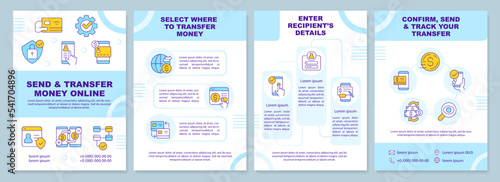 Send and transfer money online blue brochure template. Leaflet design with linear icons. Editable 4 vector layouts for presentation, annual reports. Arial-Black, Myriad Pro-Regular fonts used