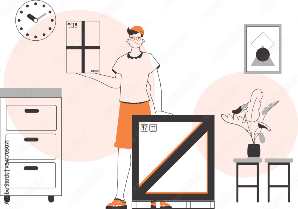 The guy is holding a package. Parcel Provider. Linear trendy style. The guy is holding a package. Parcel Provider. Linear trendy style.