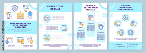 Online banking registration blue brochure template. Web wallet. Leaflet design with linear icons. Editable 4 vector layouts for presentation, annual reports. Arial-Black, Myriad Pro-Regular fonts used