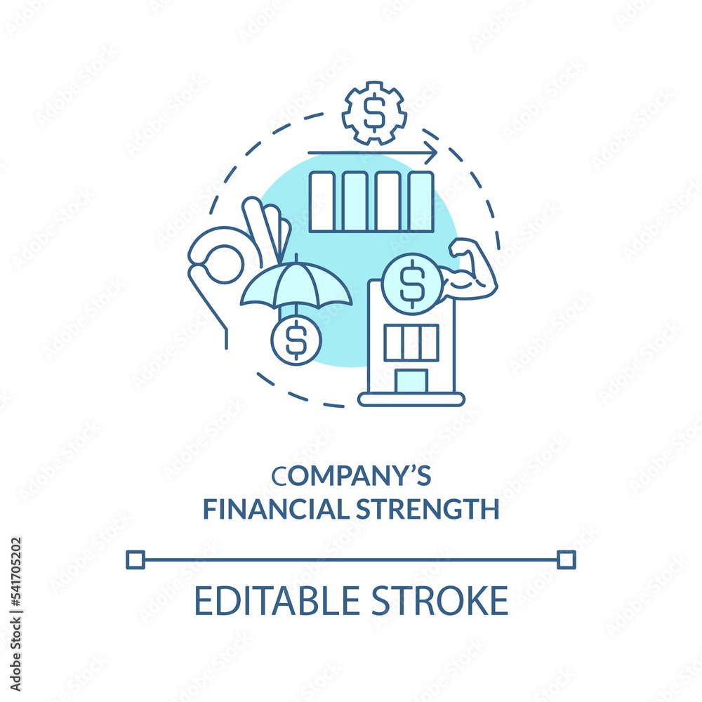 Company financial strength turquoise concept icon. Reliable coverage services abstract idea thin line illustration. Isolated outline drawing. Editable stroke. Arial, Myriad Pro-Bold fonts used Company financial strength turquoise concept icon. Reliable coverage services abstract idea thin line illustration. Isolated outline drawing. Editable stroke. Arial, Myriad Pro-Bold fonts used