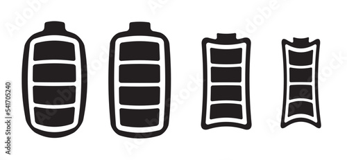 Batteries logo. Cartoon battery charging. Charge indicator. Charge level, loading point. Level energy powerfully. Power, empty, full, low, up status. 