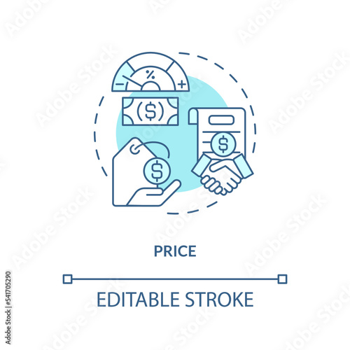 Insurance price turquoise concept icon. Coverage services costs. Financial bargain abstract idea thin line illustration. Isolated outline drawing. Editable stroke. Arial, Myriad Pro-Bold fonts used