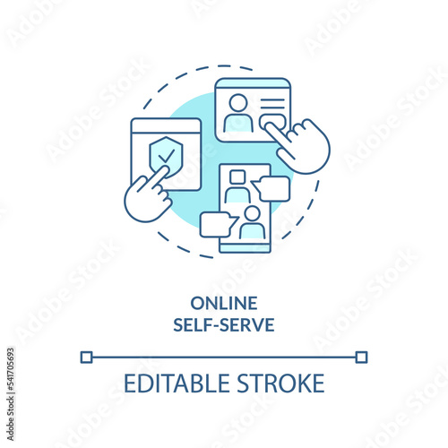 Online self service turquoise concept icon. Buy insurance through internet abstract idea thin line illustration. Isolated outline drawing. Editable stroke. Arial, Myriad Pro-Bold fonts used