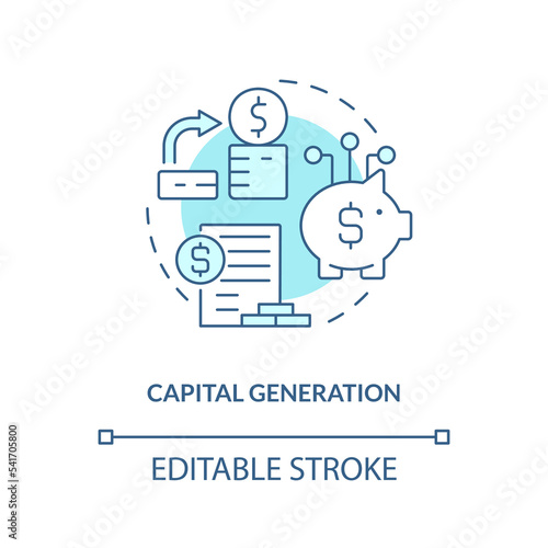 Capital generation turquoise concept icon. Engage finance. Insurance investment abstract idea thin line illustration. Isolated outline drawing. Editable stroke. Arial, Myriad Pro-Bold fonts used