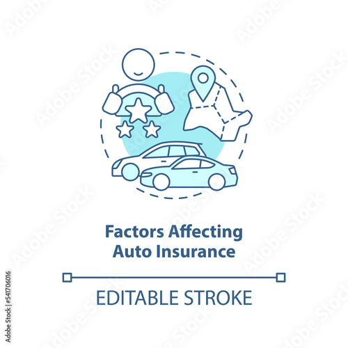 Factors affecting auto insurance turquoise concept icon. Car coverage metrics abstract idea thin line illustration. Isolated outline drawing. Editable stroke. Arial, Myriad Pro-Bold fonts used