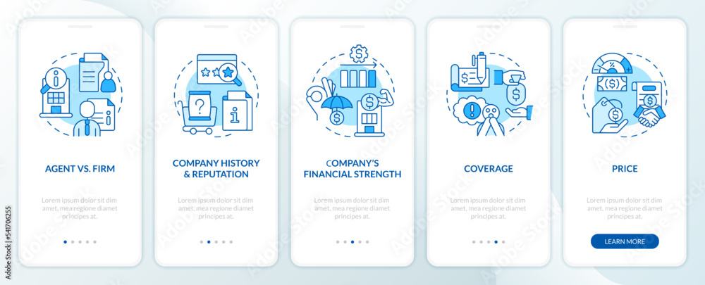 Tips for choosing coverage provider blue onboarding mobile app screen. Walkthrough 5 steps editable graphic instructions with linear concepts. UI, UX, GUI template. Myriad Pro-Bold, Regular fonts used
