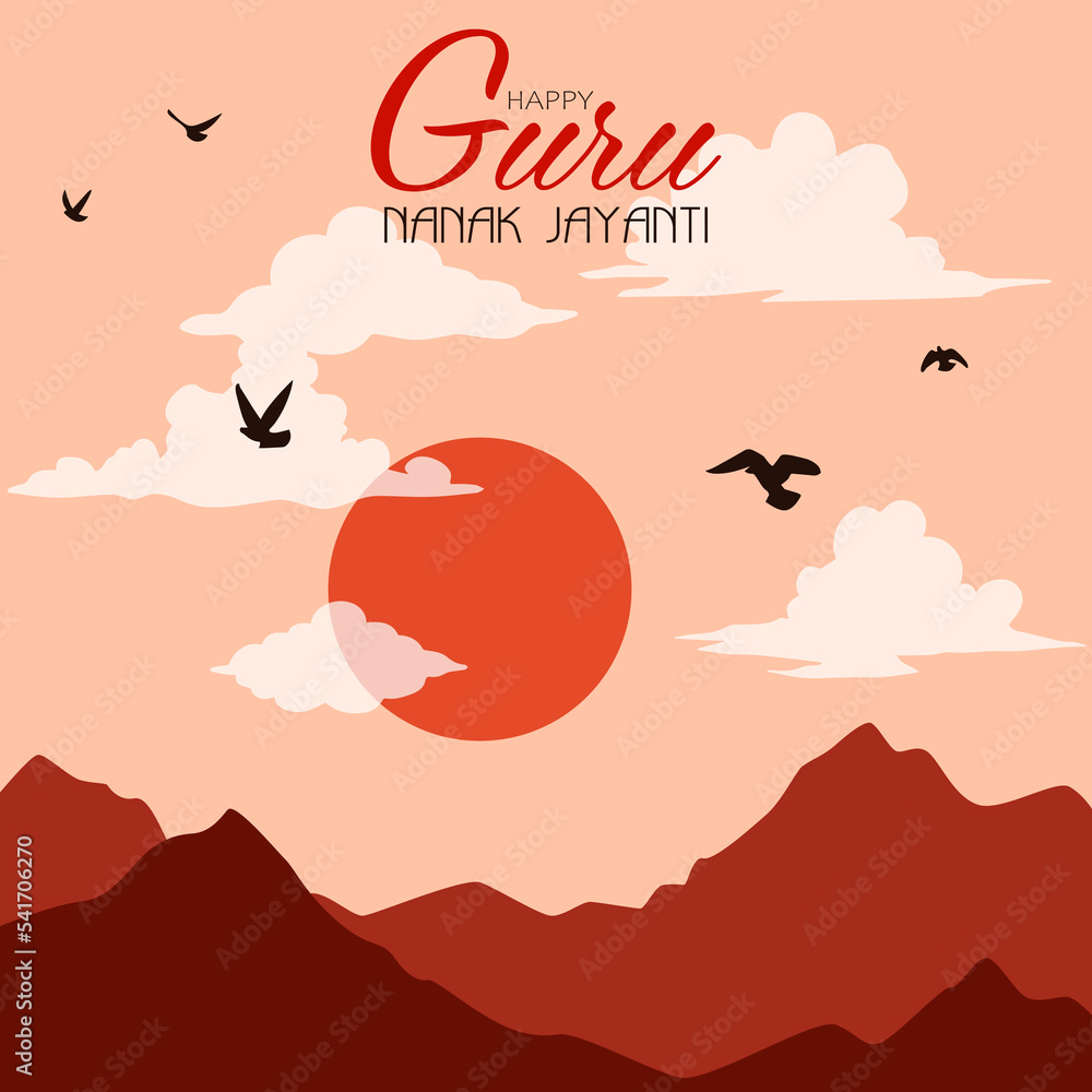Happy Guru Nanak Jayanti festival of India. Red sun and clouds over the