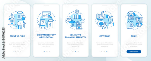 Tips for choosing coverage provider blue onboarding mobile app screen. Walkthrough 5 steps editable graphic instructions with linear concepts. UI, UX, GUI template. Myriad Pro-Bold, Regular fonts used