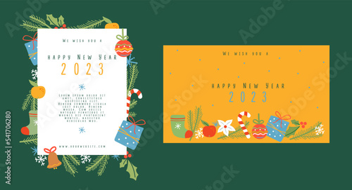 Winter Christmas pattern with tree toys, presents, tangerine