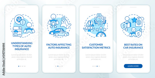Choosing auto insurance service blue onboarding mobile app screen. Walkthrough 4 steps editable graphic instructions with linear concepts. UI, UX, GUI template. Myriad Pro-Bold, Regular fonts used