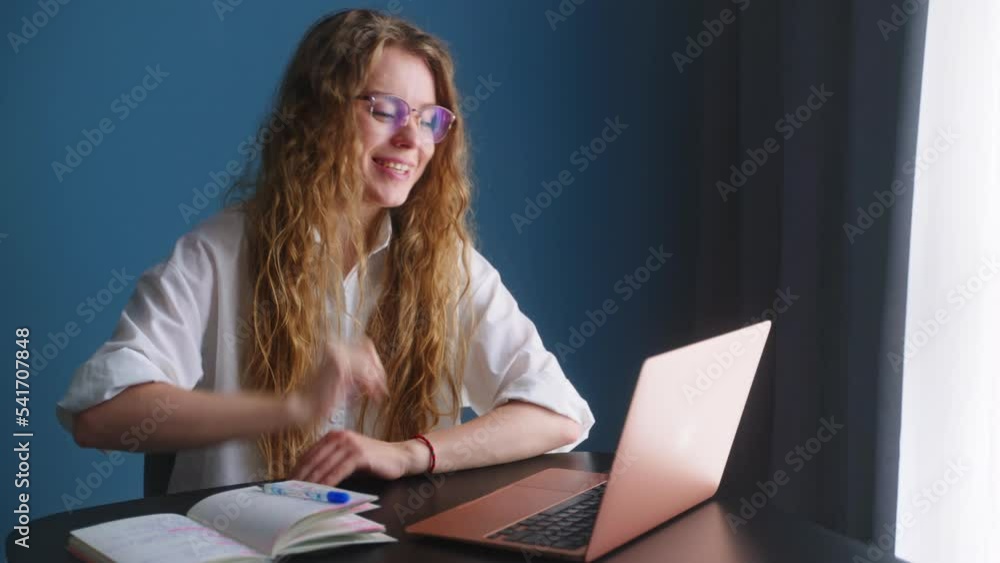 Boss woman leading, talking in video chat conference with laptop. Boss female on remote work meeting. Online teacher live streaming lesson to students. Girl speaking on voice call with coworkers. Boss woman leading, talking in video chat conference with laptop. Boss female on remote work meeting. Online teacher live streaming lesson to students. Girl speaking on voice call with coworkers.