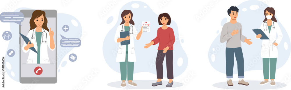Vector illustration set of doctors with patients, doctor online consultation.
Therapist in a white coat. Modern medical services and consultation concept. Vector illustration in flat style. Vector illustration set of doctors with patients, doctor online consultation.
Therapist in a white coat. Modern medical services and consultation concept. Vector illustration in flat style.