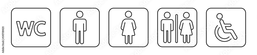 Toilet vector icon set. Restroom WC sign isolated. Mens and womans symbols privies on white background. Toilet vector icon set. Restroom WC sign isolated. Mens and womans symbols privies on white background.