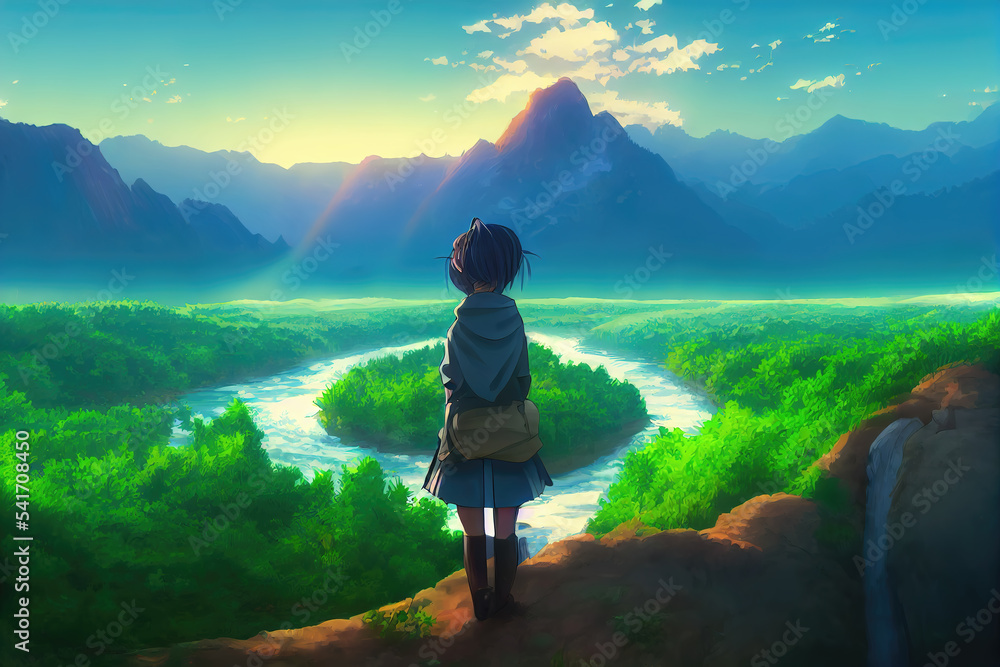 an anime girl standing on a hill in a fantasy illustration