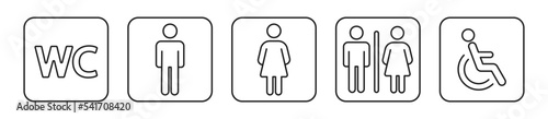 Toilet vector icon set. Restroom WC sign isolated. Mens and womans symbols privies on white background.