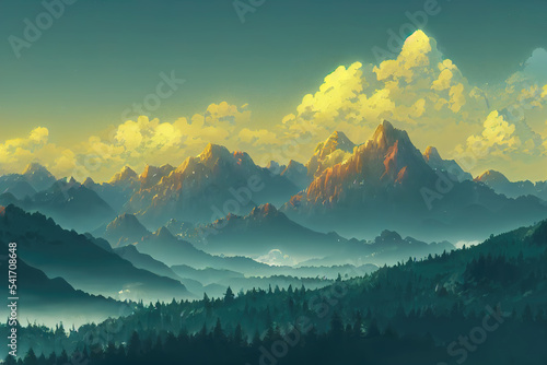 a land with mountains and forest  foggy scenery anime illustration