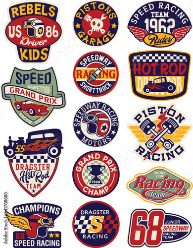 Tela Kid speed motor racing team cute vector badge label embroidery collection
