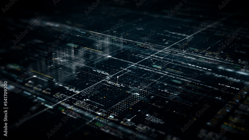 Obraz premium Futuristic abstract de-focus flowing data matrix, meta, metaverse, telemetry and encrypt numbers display with particles simulation in cyber space environment for head up display background