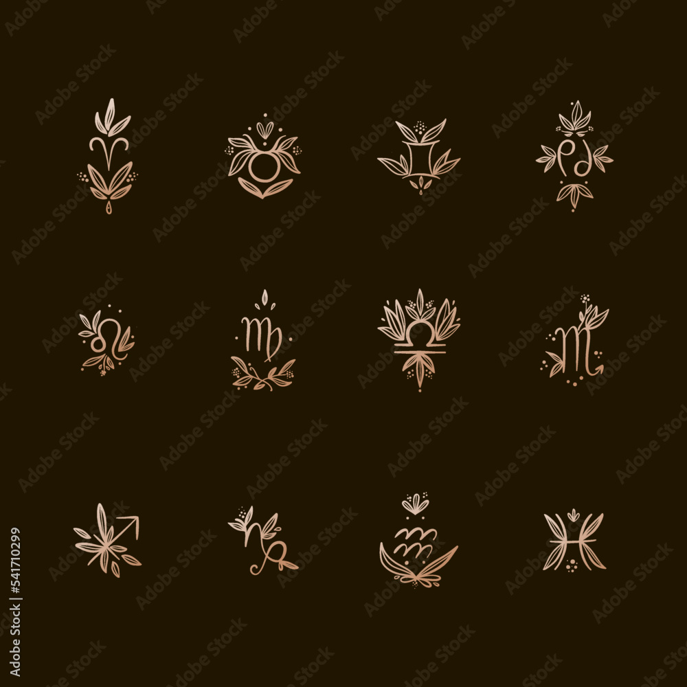 Vector flat and simple set of golden astrological signs with flowers and leaves on a dark background. Hand drawing