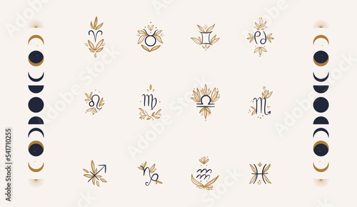 Vector flat and simple set of astrological signs with flowers and leaves isolated on white background. Hand drawing