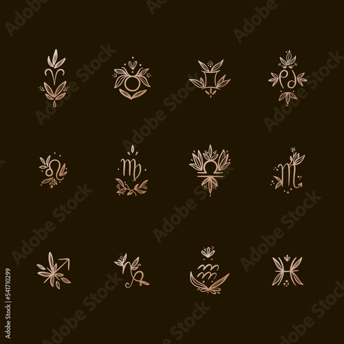Vector flat and simple set of golden astrological signs with flowers and leaves on a dark background. Hand drawing