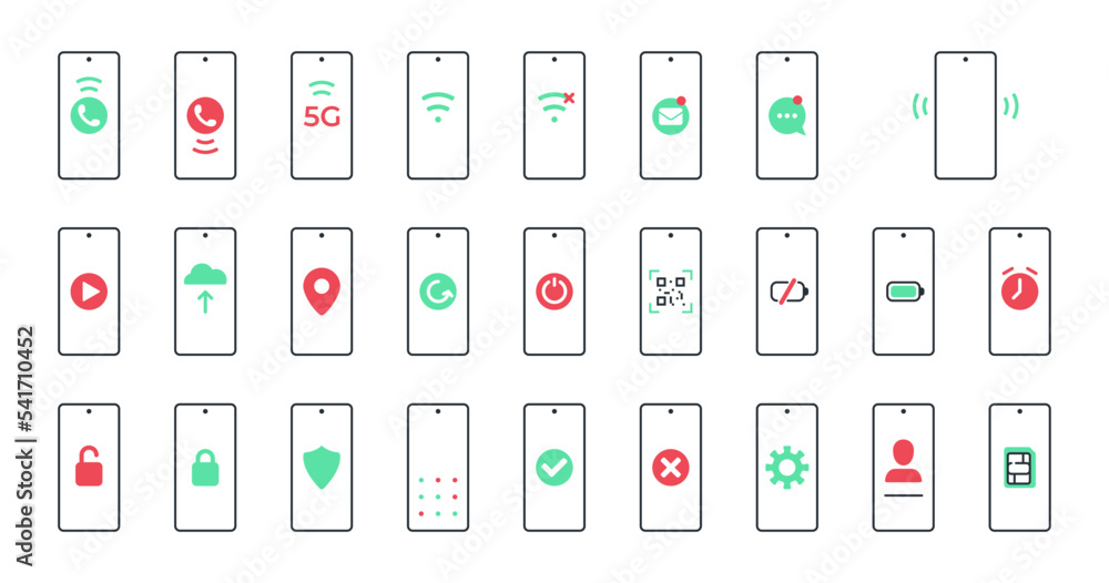 Set of mobile phone line icons. A set of phone icons with different actions on the screen: protect, power on, communicate, etc. Set of mobile phone line icons. A set of phone icons with different actions on the screen: protect, power on, communicate, etc.