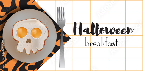 Beautiful orange and black halloween banner with skull shaped fried eggs on a plate and a fork. Food for Halloween. Vector graphics. Creepy food.