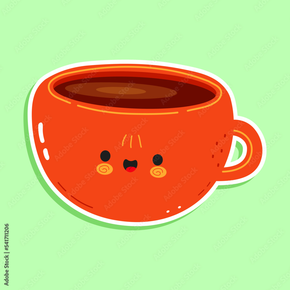 Cute funny cup of coffee sticker. Vector hand drawn cartoon kawaii character illustration icon. Isolated on green background. Cup of coffee character concept