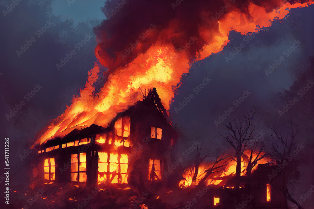 a burning house with a big fire going into sky, disaster