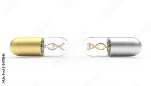 Two pills gold and silver with DNA spirals. 3D illustration