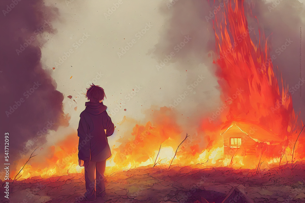 a man standing in front of a burning landscape with his burning house, disaster illustration
