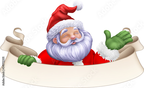 Santa Claus Father Christmas cartoon character peeking over a scroll banner sign