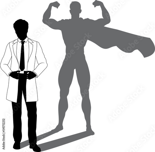A superhero male scientist, engineer, doctor or teacher in a lab white coat man. Revealed by his shadow silhouette as a super hero in a cape.