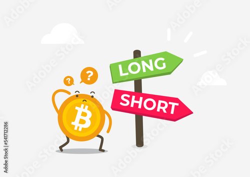 Bitcoin in front of a choice of the way long and short. Cryptocurrency cartoon concept.